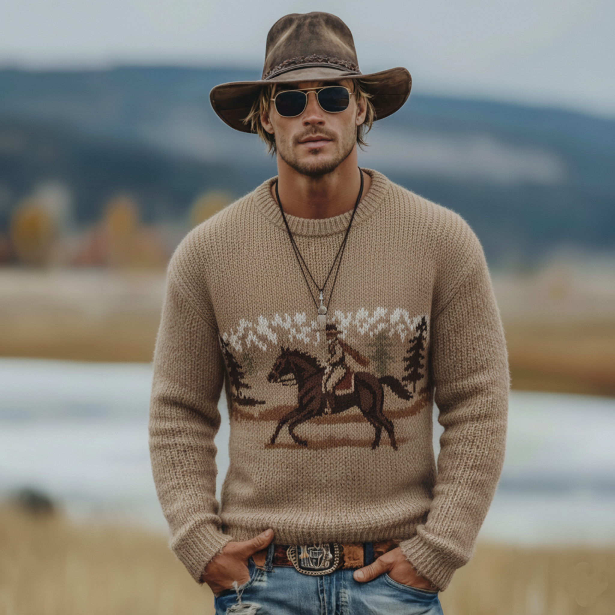 Men's Classic Retro Western Style Jacquard Crew Neck Sweater MTA3029K0K