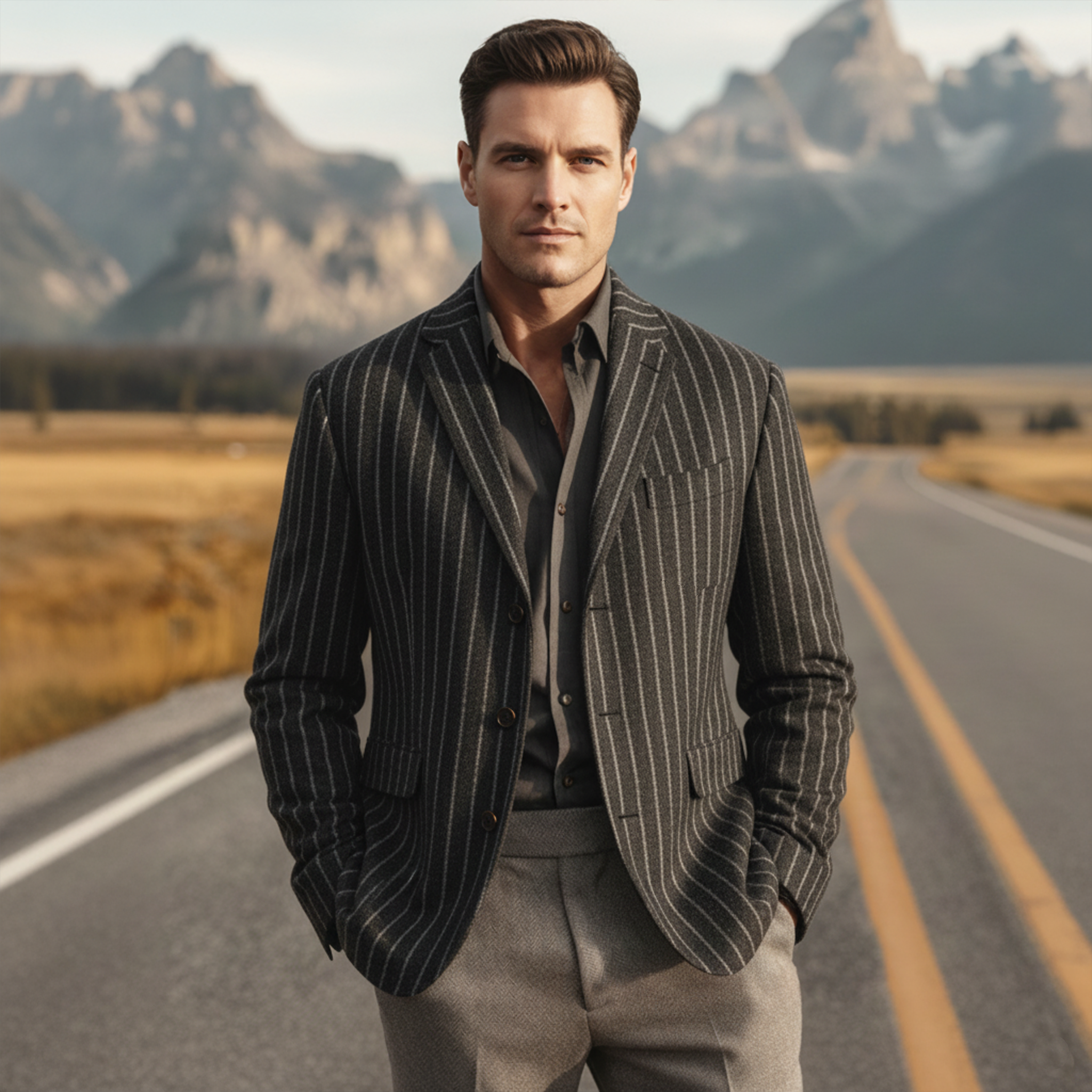 Men's Classic Retro Light Business Faux Vertical Striped Woolen Single-breasted Blazer MTA2568I8K