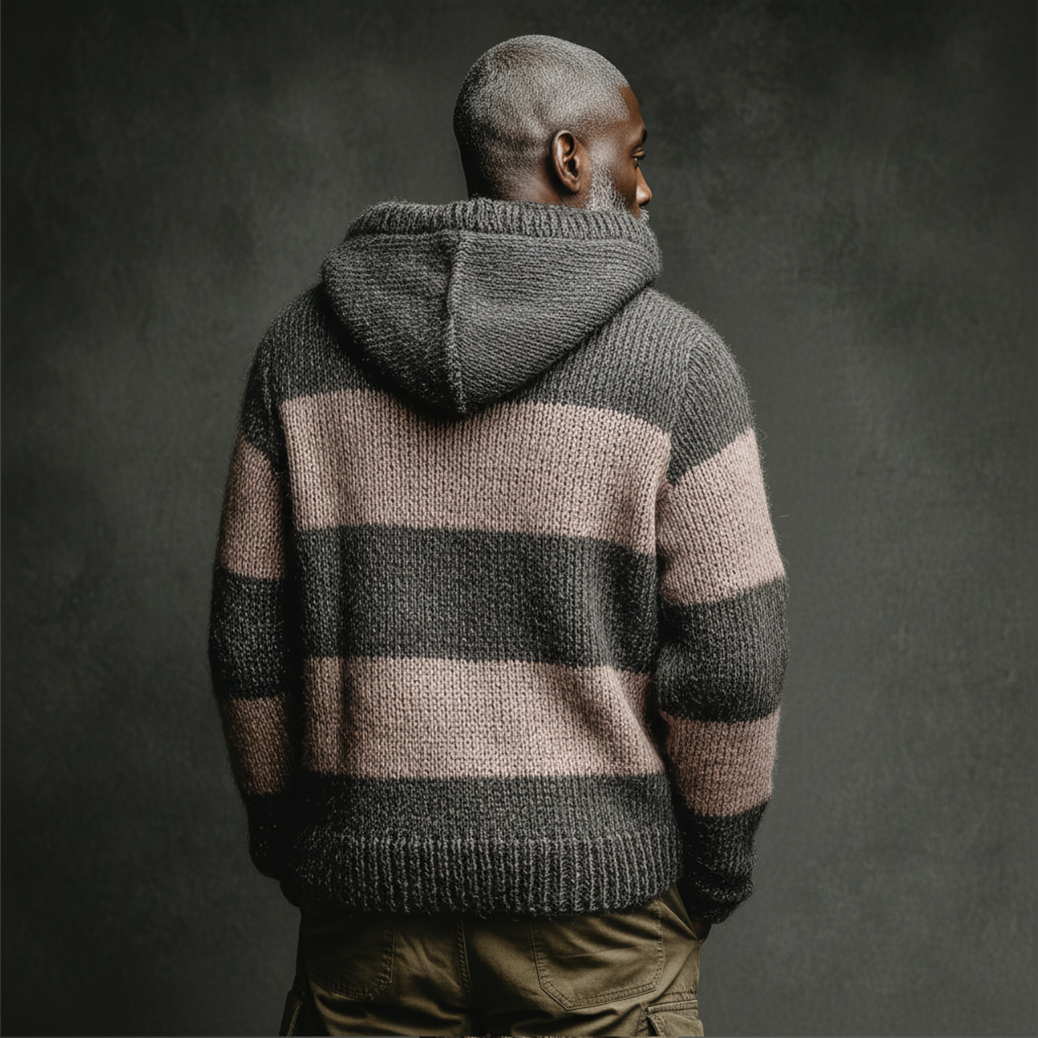 Men's Classic Casual Pink And Grey Horizontal Striped Hooded Loose-Fit Sweater MTA2800I9K