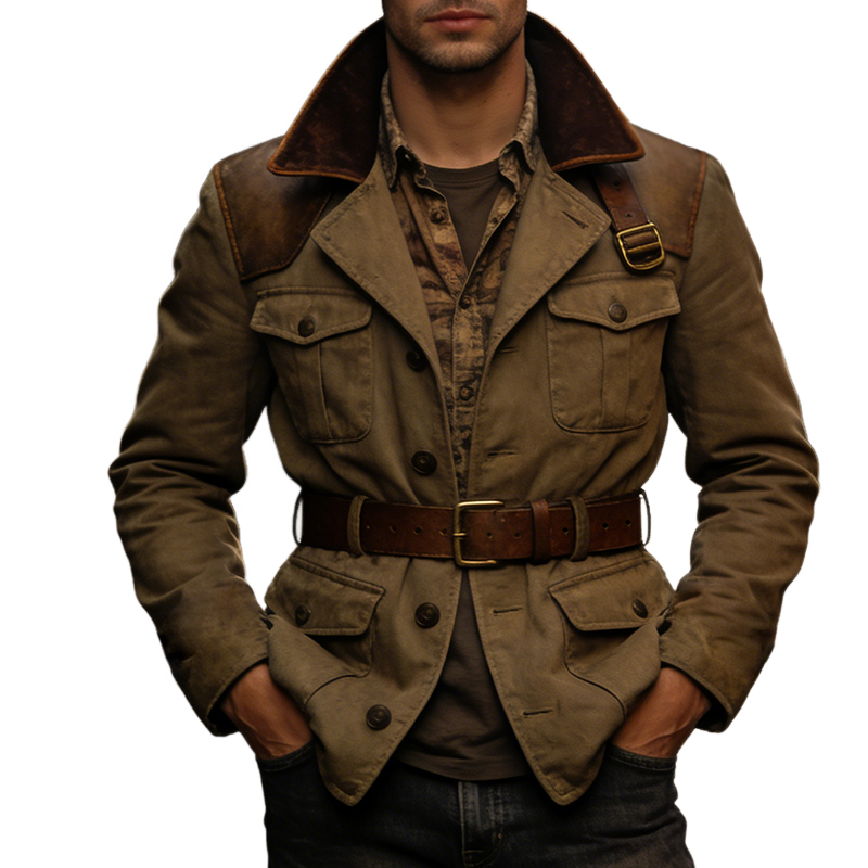 Men's Casual Retro Distressed Cotton PU Button-down Lapel Jacket MTA1589L6TO