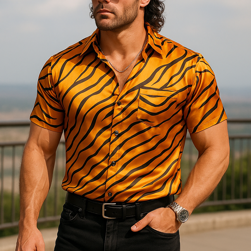 Men's Summer Fashion Printed Satin Short Sleeve Shirt MTA1030F9P