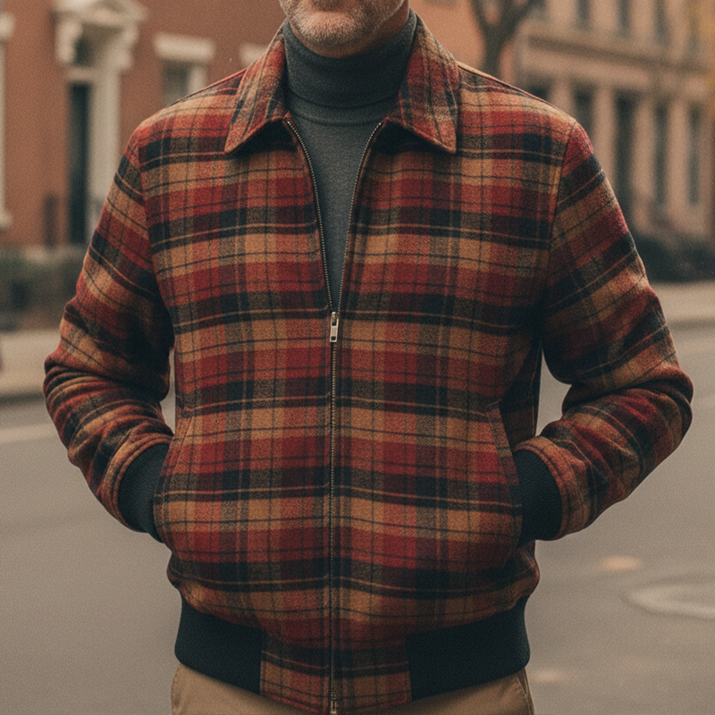 Men's Retro Casual Plaid Print Lapel Zipper Jacket MTA2406I1TO