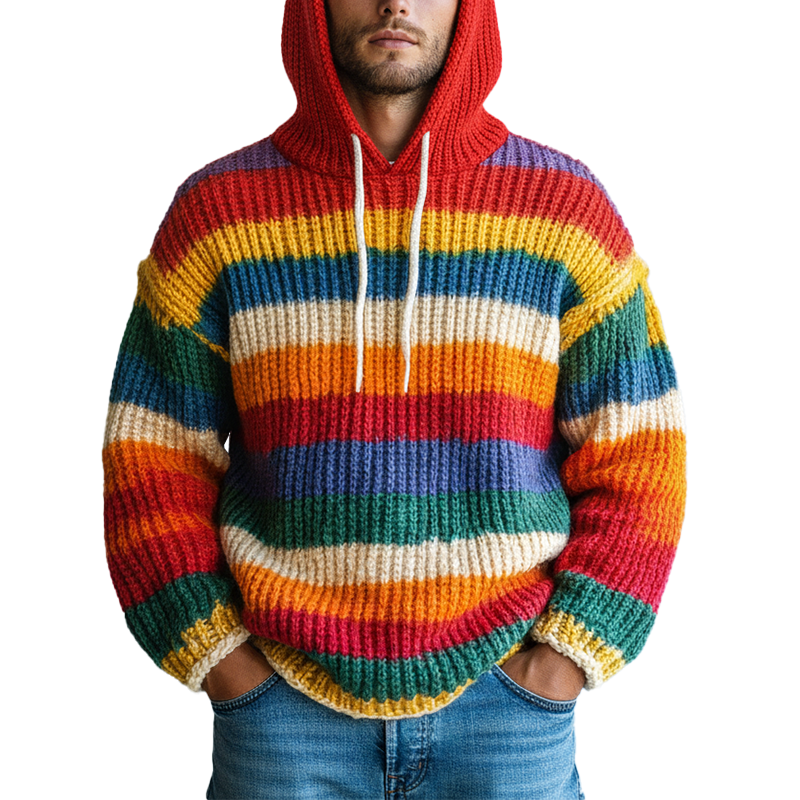 Men's Winter Retro Color-blocked Striped Cotton Hooded Sweater MTA0150K8P