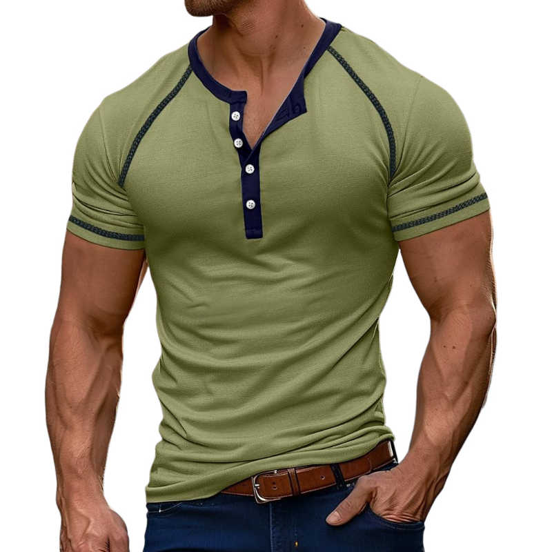 Men's Casual Cotton Contrast Color Henley Collar Slim Fit Short Sleeve T-Shirt MTA1490E3M