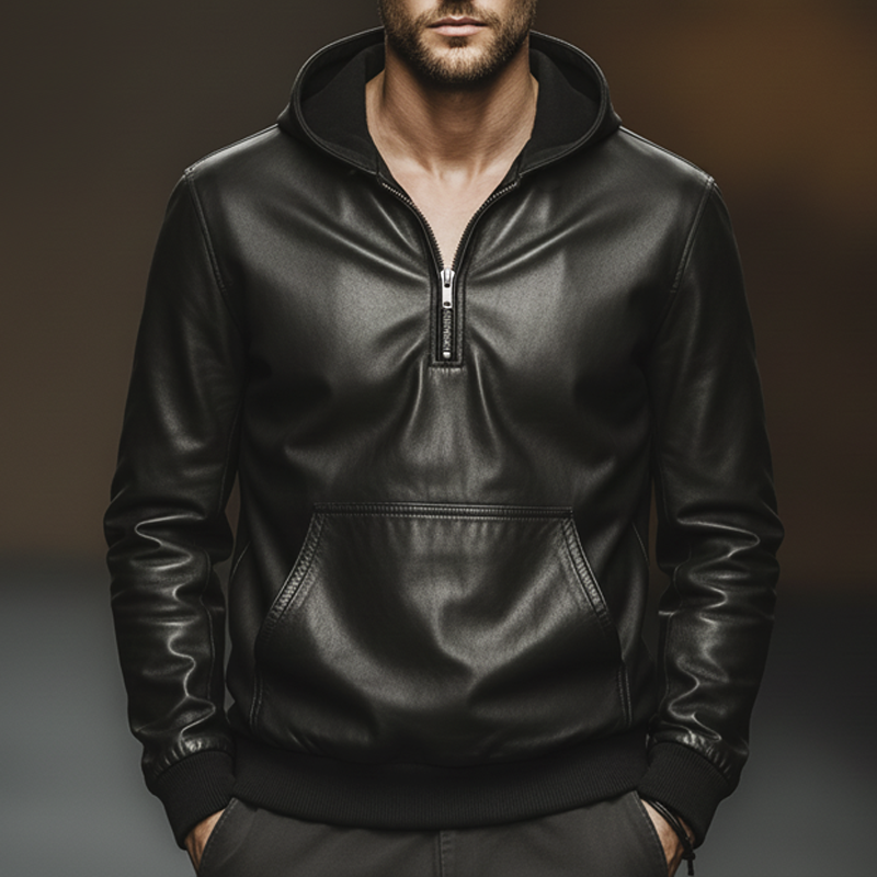 Men's Classic Quarter Zip Collar Black PU Leather Hoodie MTA2723J6U