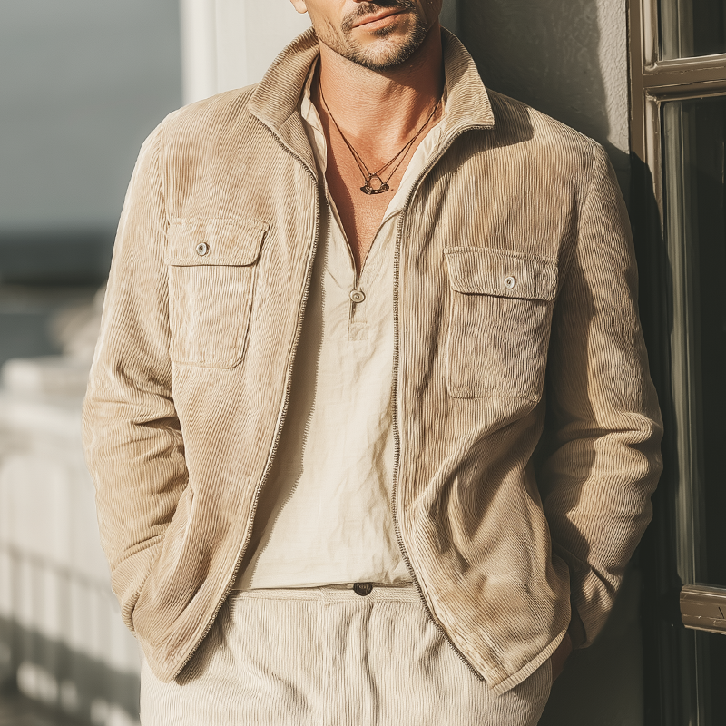 Men's Classic Stand-up Collar Corduroy Zip-up Jacket MTA2969I3U