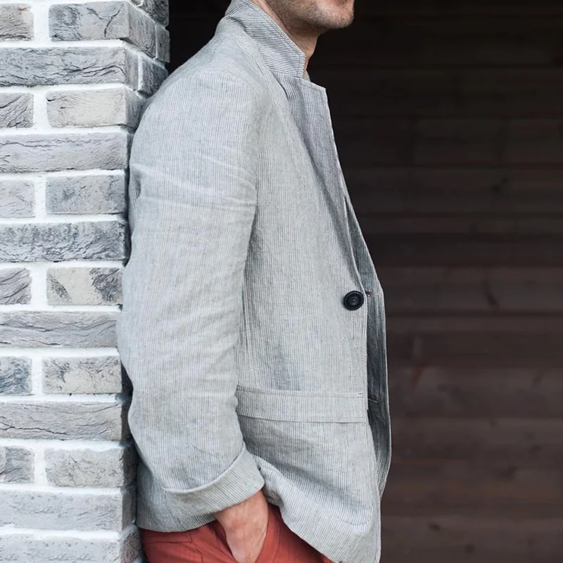 Men's Striped Cotton And Linen Notch Lapel Two Buttons Casual Blazer MTA0715E1Z