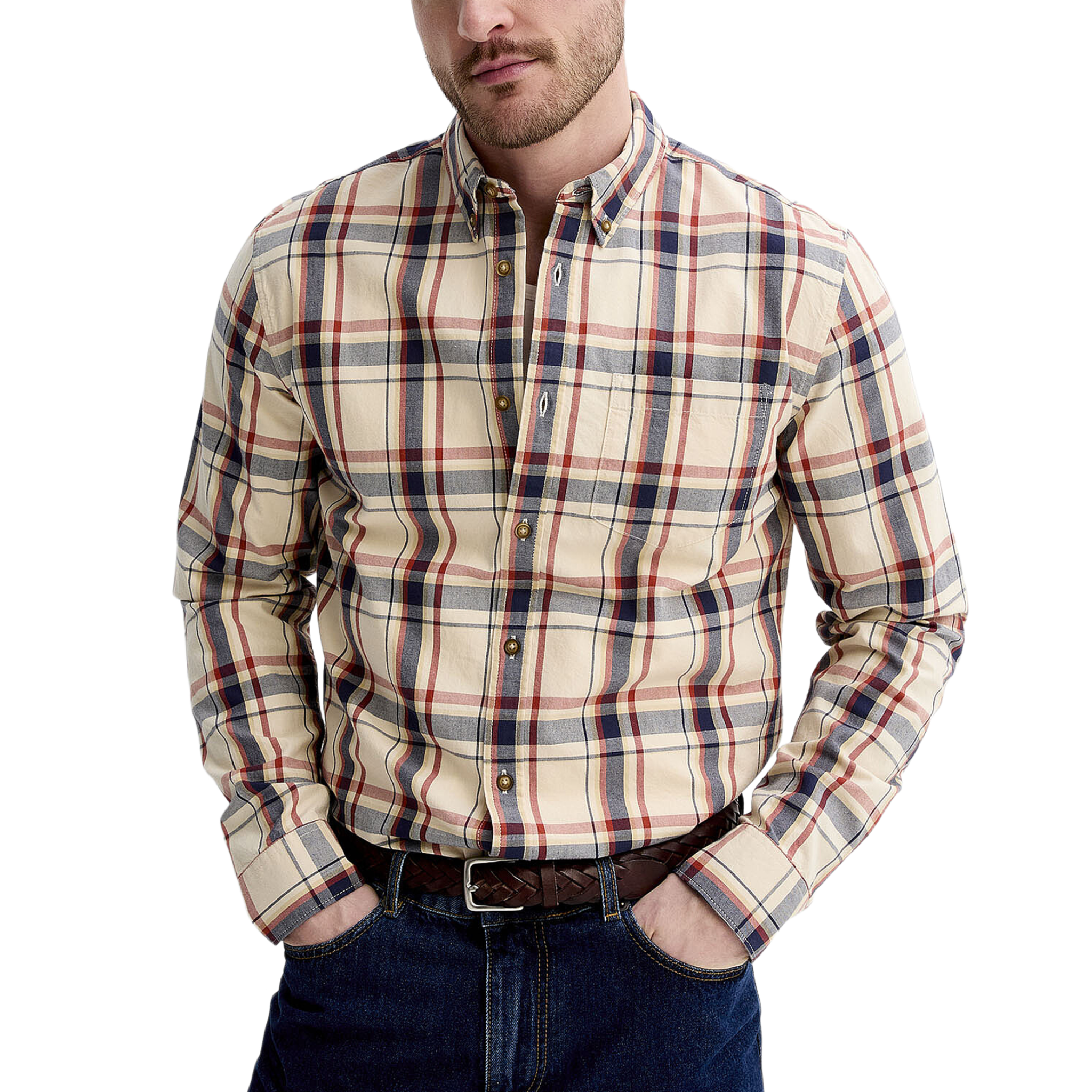 Men's Classic Casual Cotton Blend Check Lapel Long Sleeve Shirt MTA1800G2K