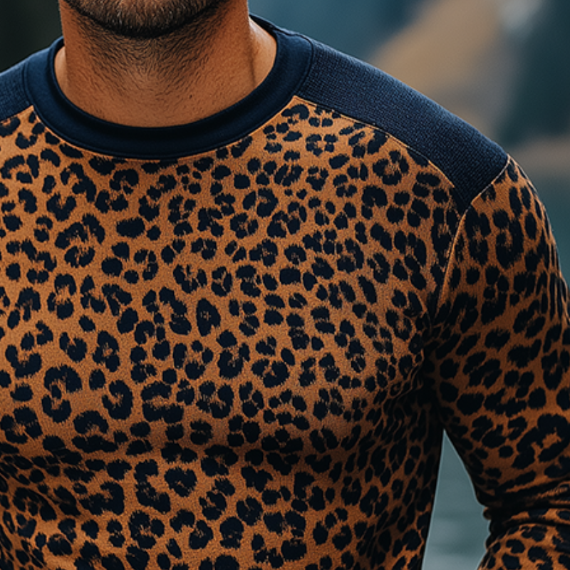 Men's Retro Casual Leopard Print Colorblock Round Neck Long Sleeve T-Shirt MTA2589G7TO
