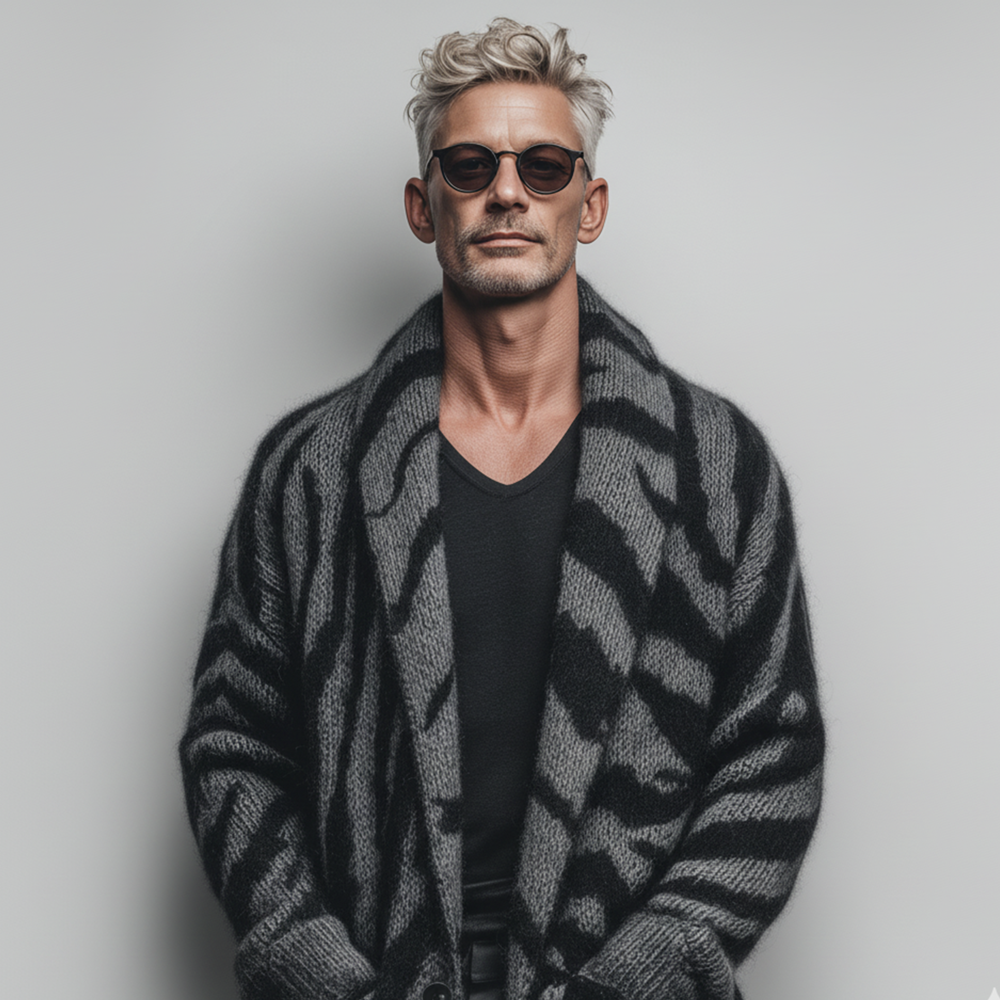 Men's Classic Fashionable Lapel Zebra Print Thigh-length Knitted Cardigan MTA1721J0K