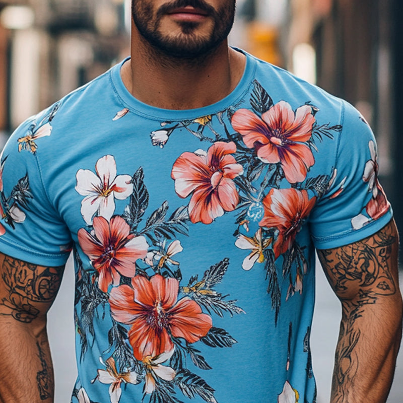 Men's Holiday Floral Print Crew Neck Short Sleeve T-Shirt MTA2427E2X