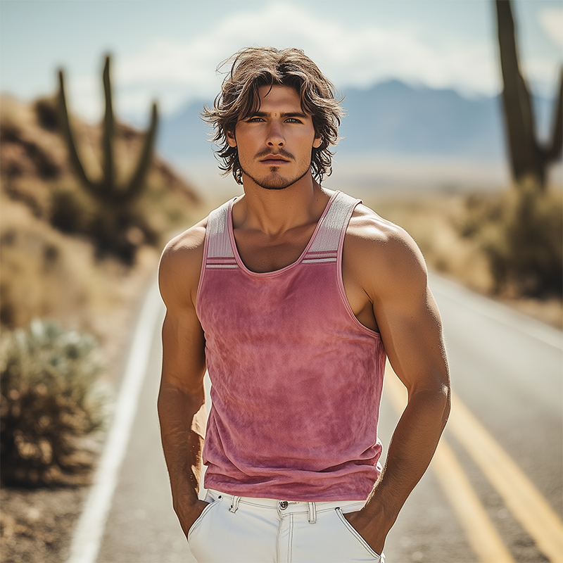 Men's Spring And Summer Fashion Casual Thin Suede Stitching Ribbed Embroidery Slim Fit U-neck Tank Top MTA3032F3K