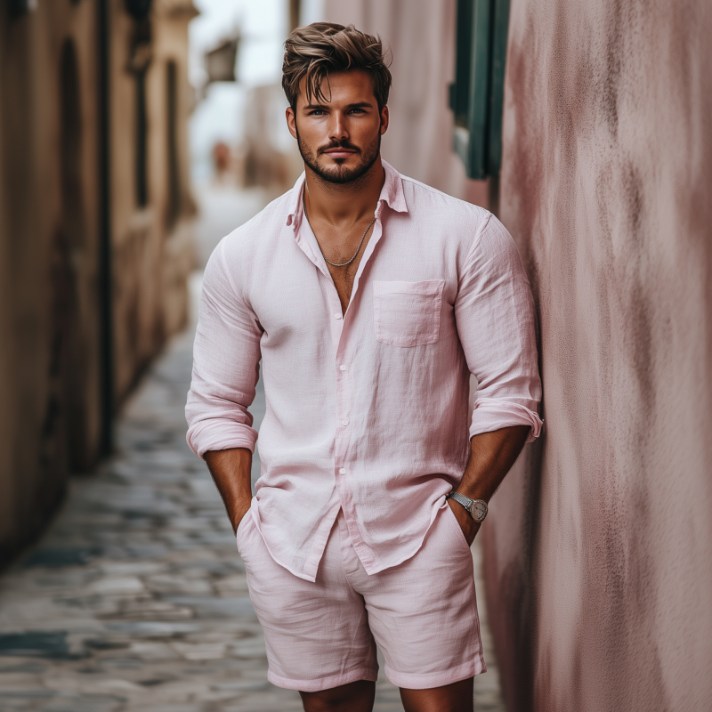 Men's Casual Breathable Solid Color Linen Lapel Patch Pocket Long Sleeve Shirt Loose Shorts Set MTA1311F5M