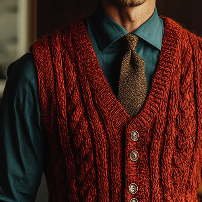 Men's Retro Casual Knitted Cable-Pattern Sweater Vest MTA1878I4TO