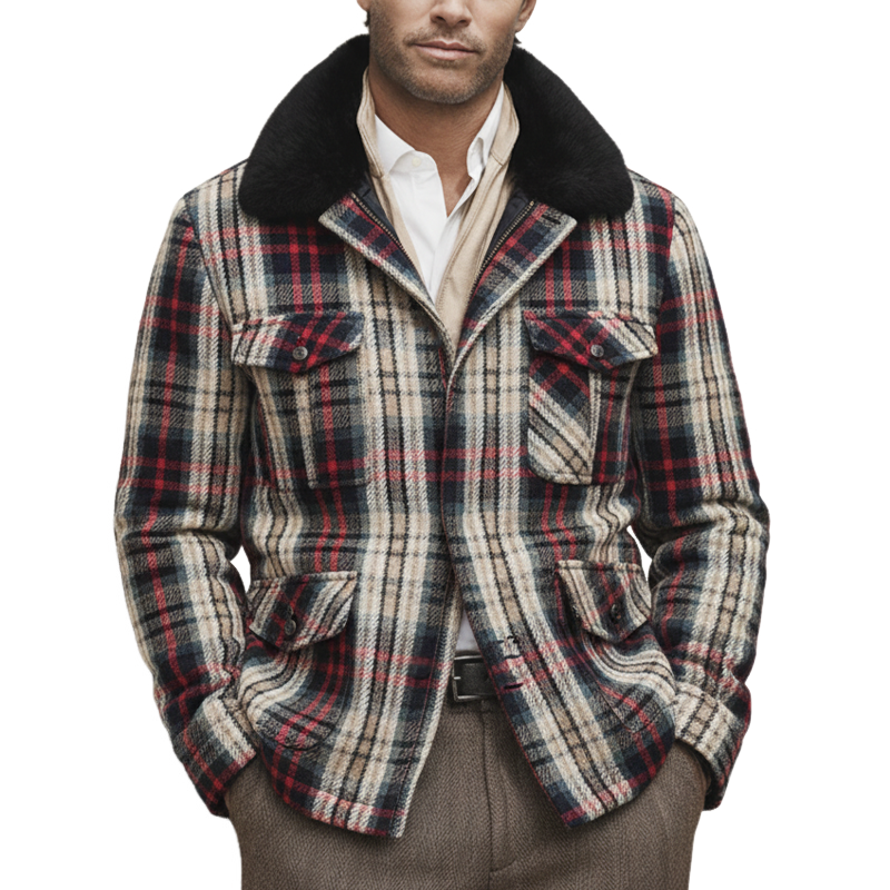 Men's Classic Color-block Plaid Fur Collar Single-slit Zipper Jacket MTA2501K9U