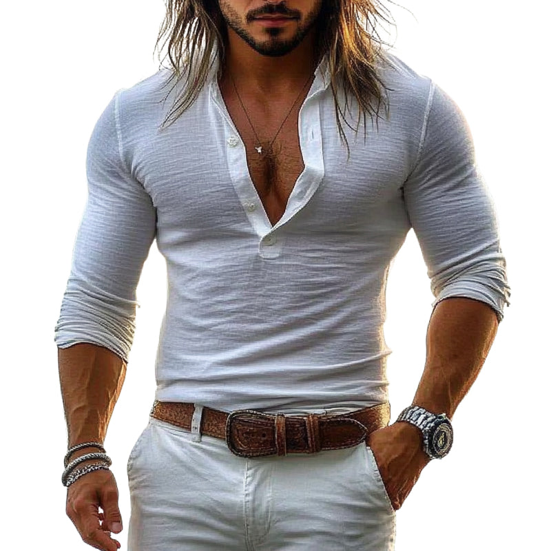 Men's Cotton Blend Long Sleeve Henley Neck Long Sleeve T-Shirt MTA2389E4X