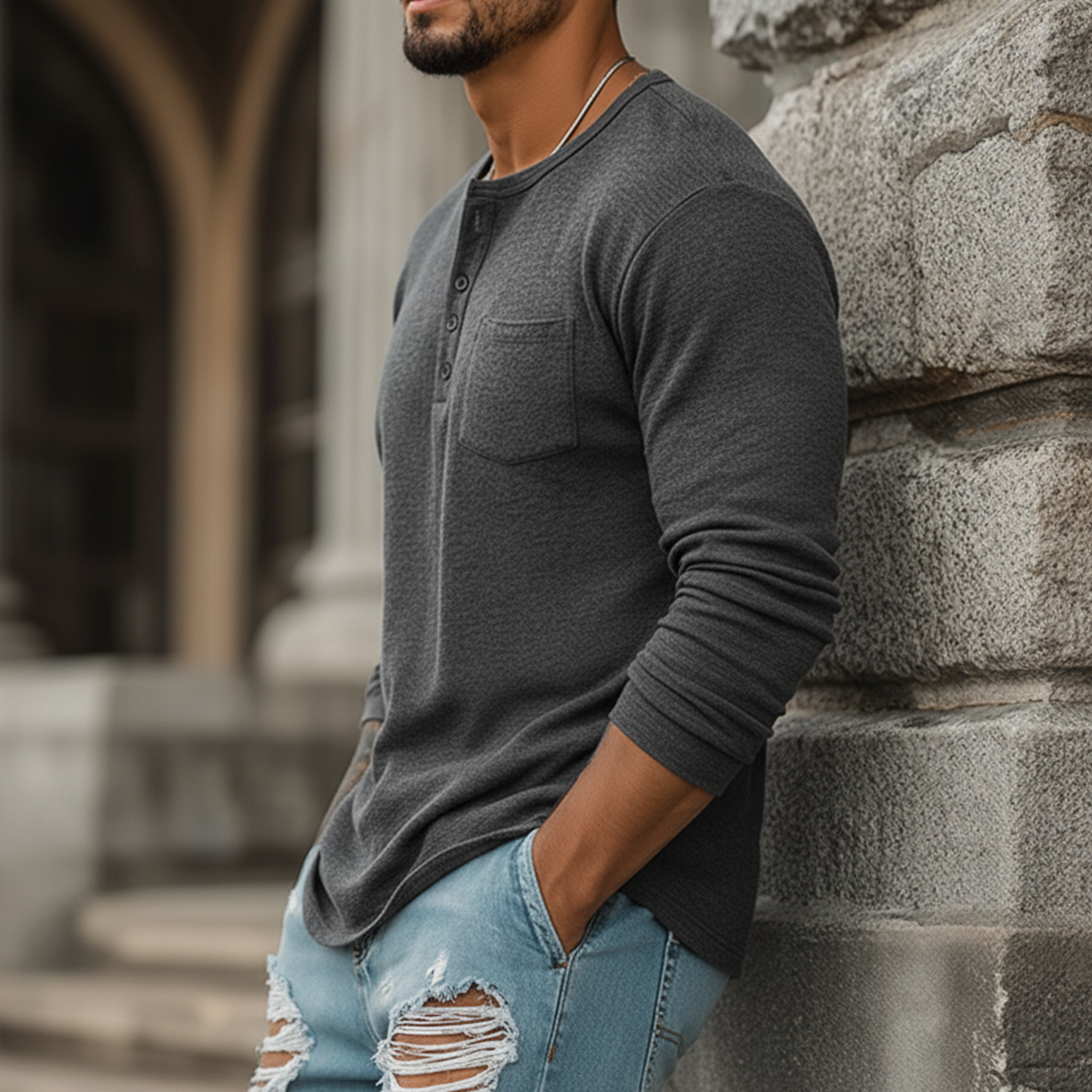 Men's Classic Henley Collar Dralon Warm Long Sleeve T-Shirt MTA2076J3K