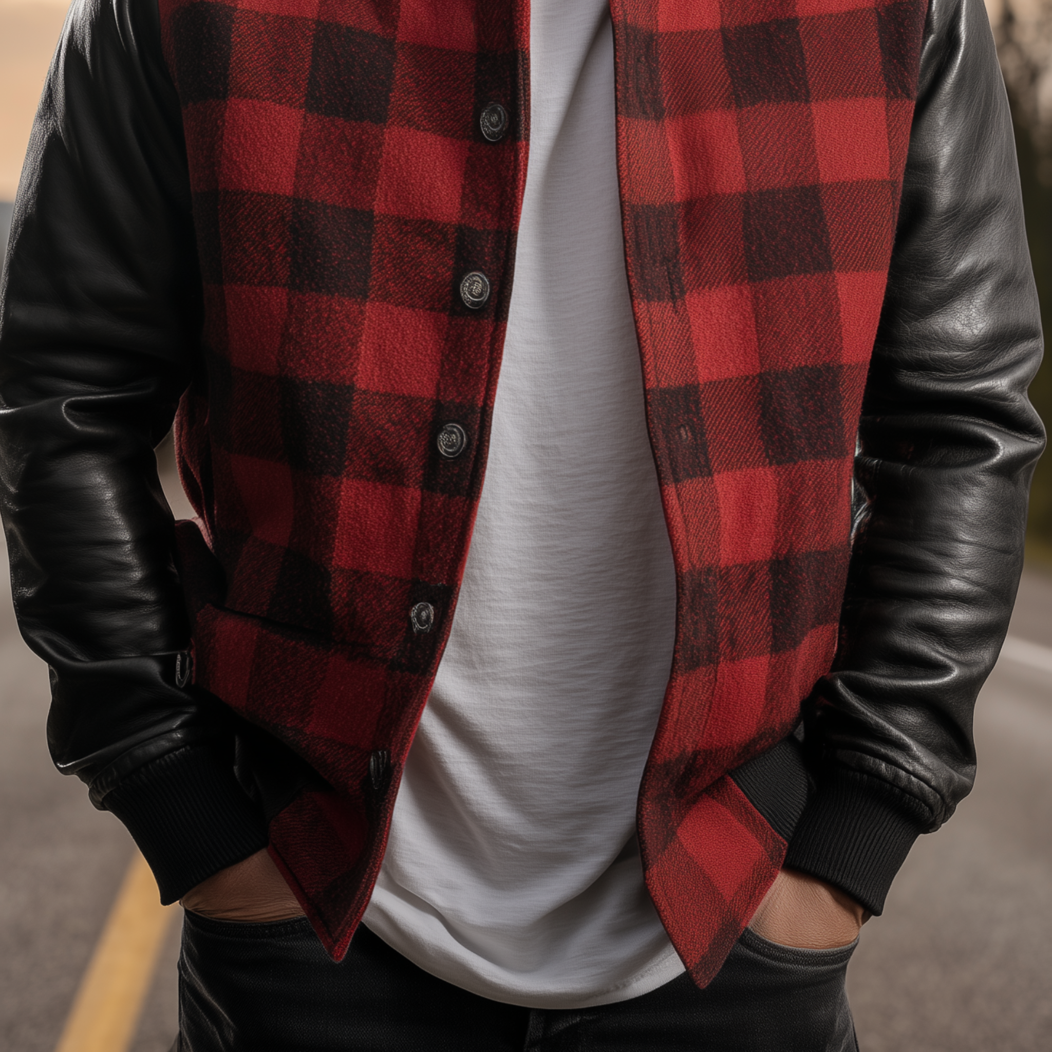 Men's Classic Casual Woolen Plaid Stitching PU Leather Stand Collar Jacket MTA0110I3K