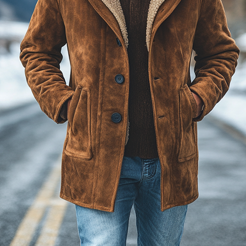 Men's Retro Faux Suede Lapel Solid Color Pocket Mid-Length Coat MTA0306K2X