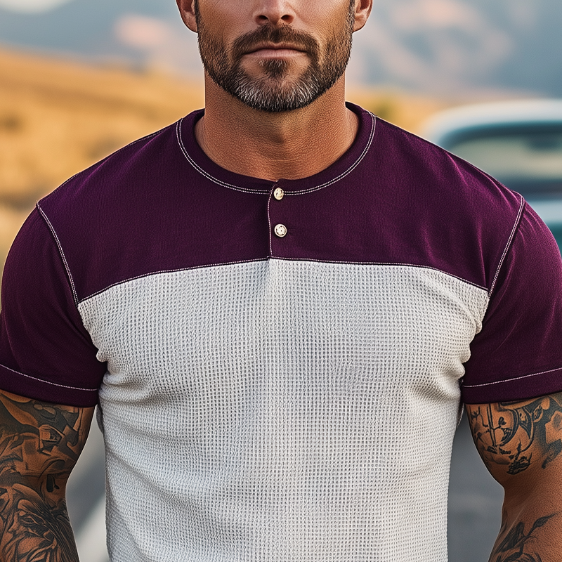 Men's Spring And Summer Casual Cotton Blend Splicing Waffle Henry Collar Short Sleeve T-Shirt MTA0125G2K