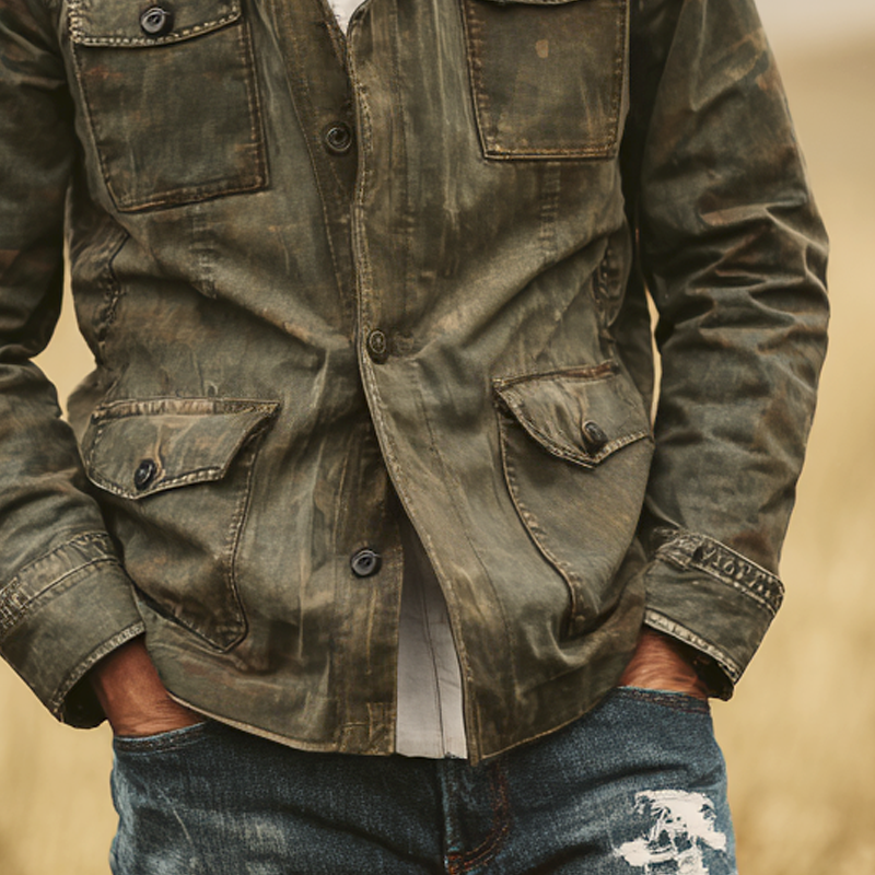 Men's Washed Camouflage Cotton Stand Collar Multi-pocket Cargo Jacket MTA0126I0Z