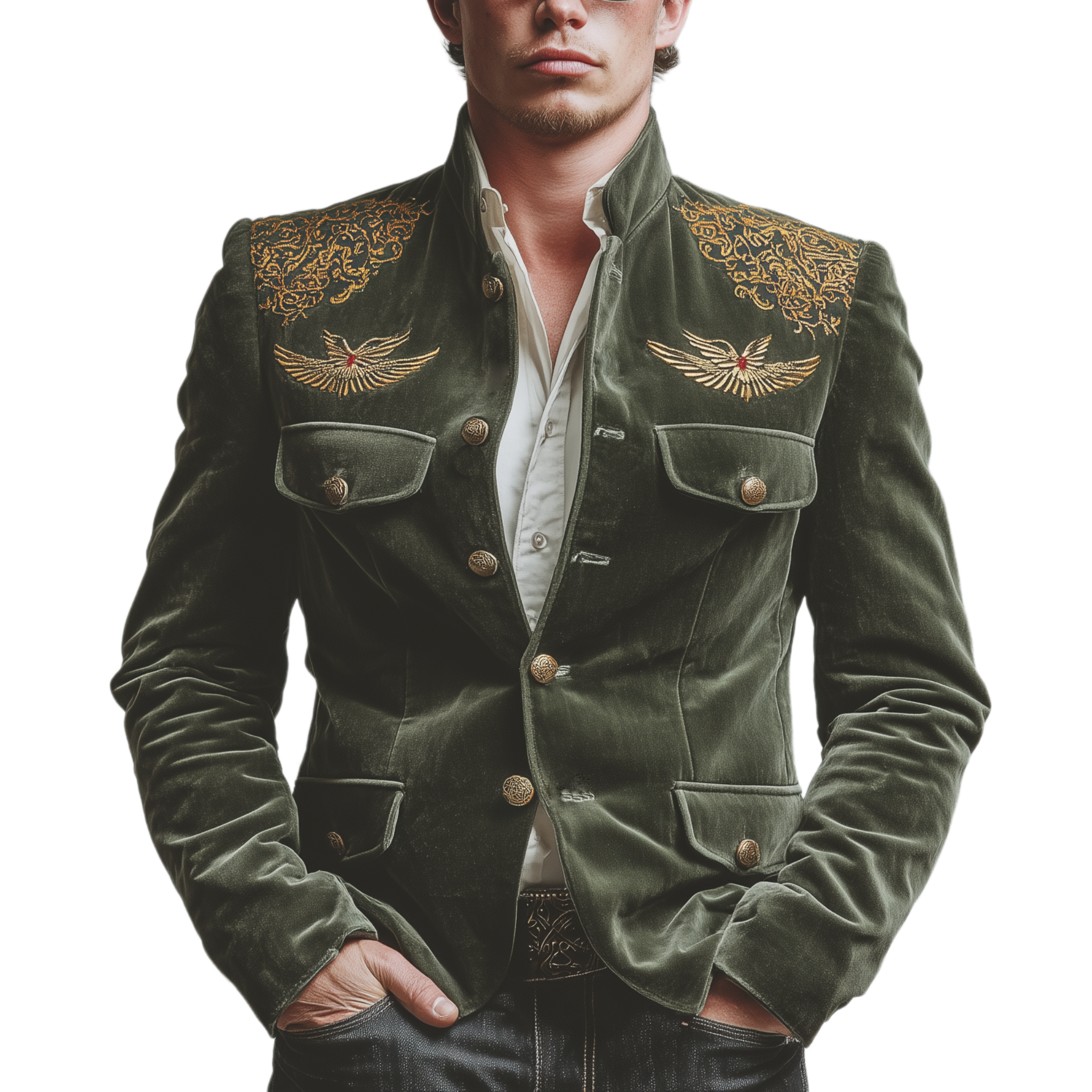 Men's Classic Retro Embroidered Faux Velvet Stand Collar Jacket MTA0417L7K