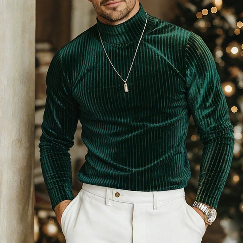 Men's Retro Casual Velvet Striped High Neck Long-Sleeve T-Shirt MTZ2217A0TO