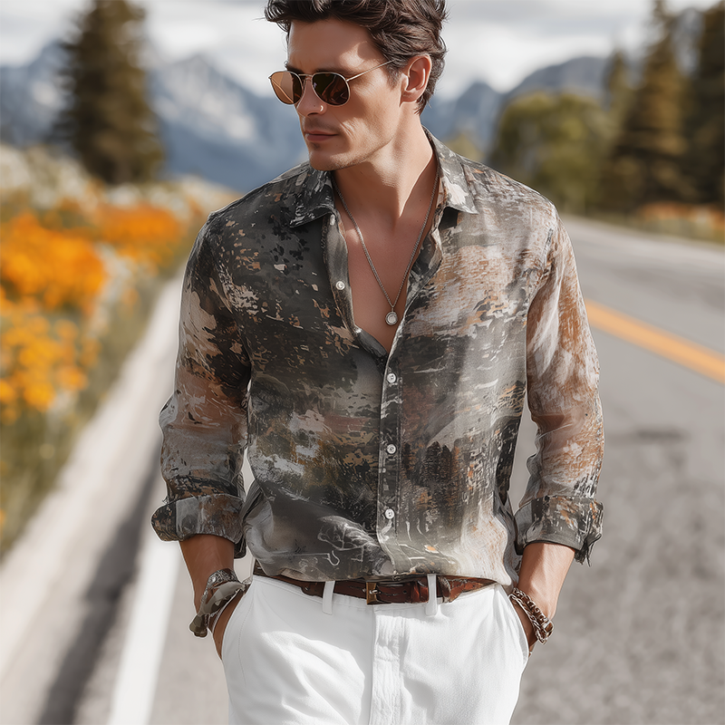 Men's Summer Fashion Casual Chiffon Slightly Transparent Sexy Art Print Long Sleeve Shirt MTA0512G5K