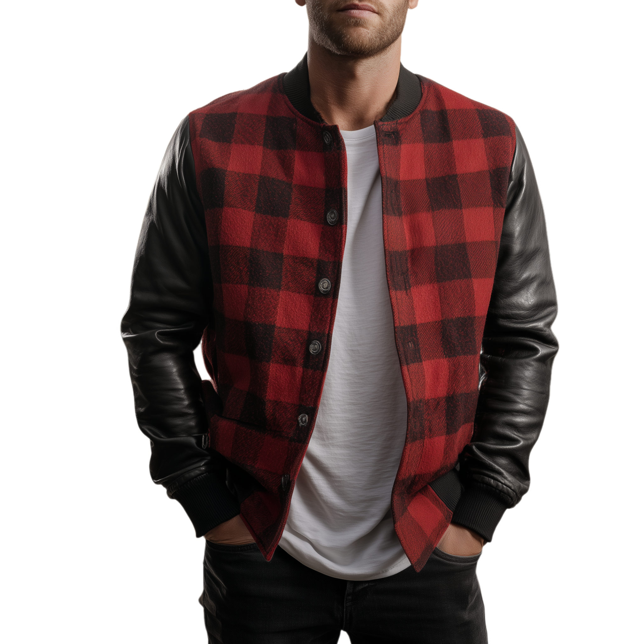 Men's Classic Casual Woolen Plaid Stitching PU Leather Stand Collar Jacket MTA0110I3K