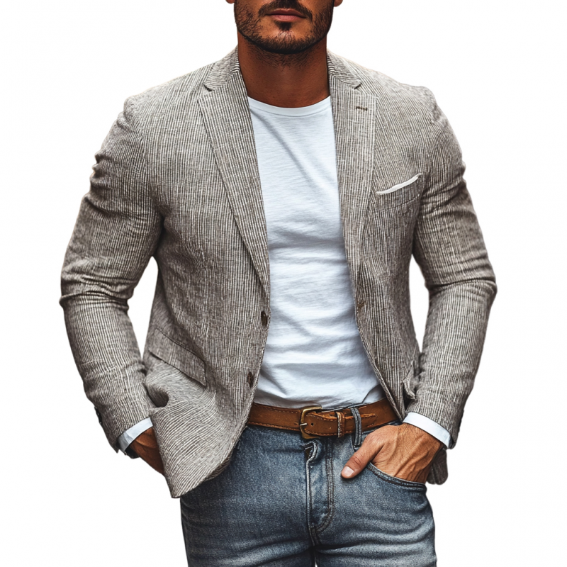 Men's Casual Breathable Linen Pinstripe Notched Lapel Single Breasted Slim Fit Blazer MTA2842D8M