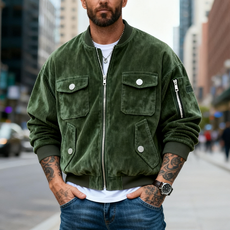 Men's Vintage Corduroy Solid Baseball Collar Zip-Up Jacket MTA2802J9X