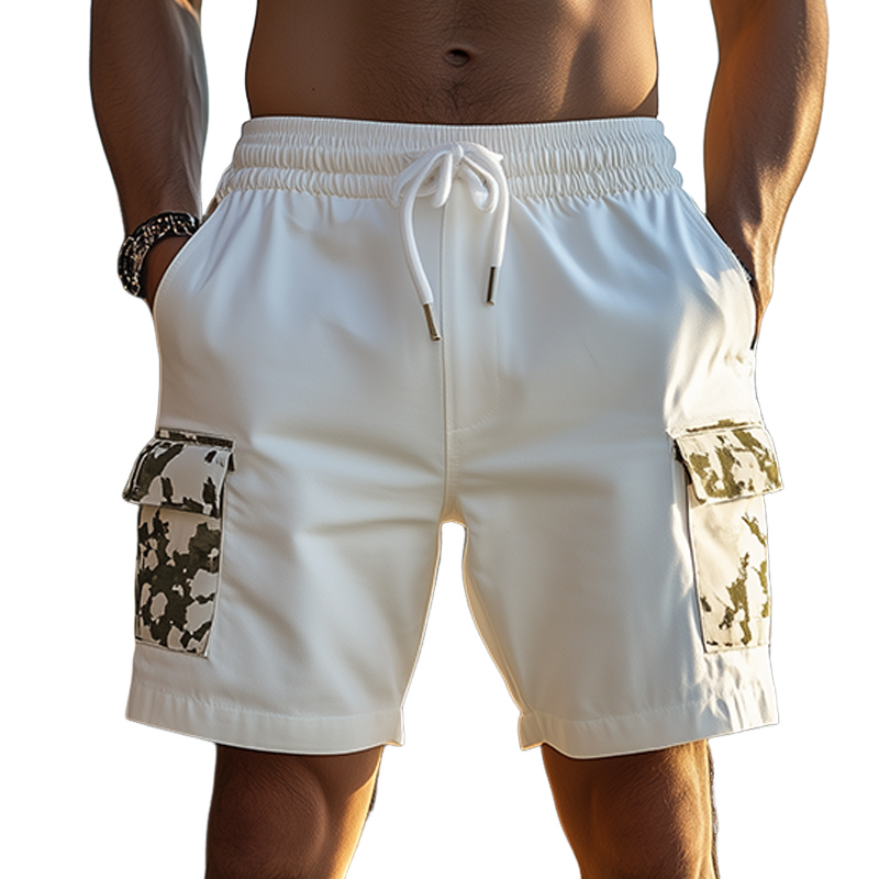Men's Classic Casual Outdoor Resort Cotton Blended Pocket Stitching Camouflage Elastic Waist Cargo Shorts MTA0454F4K