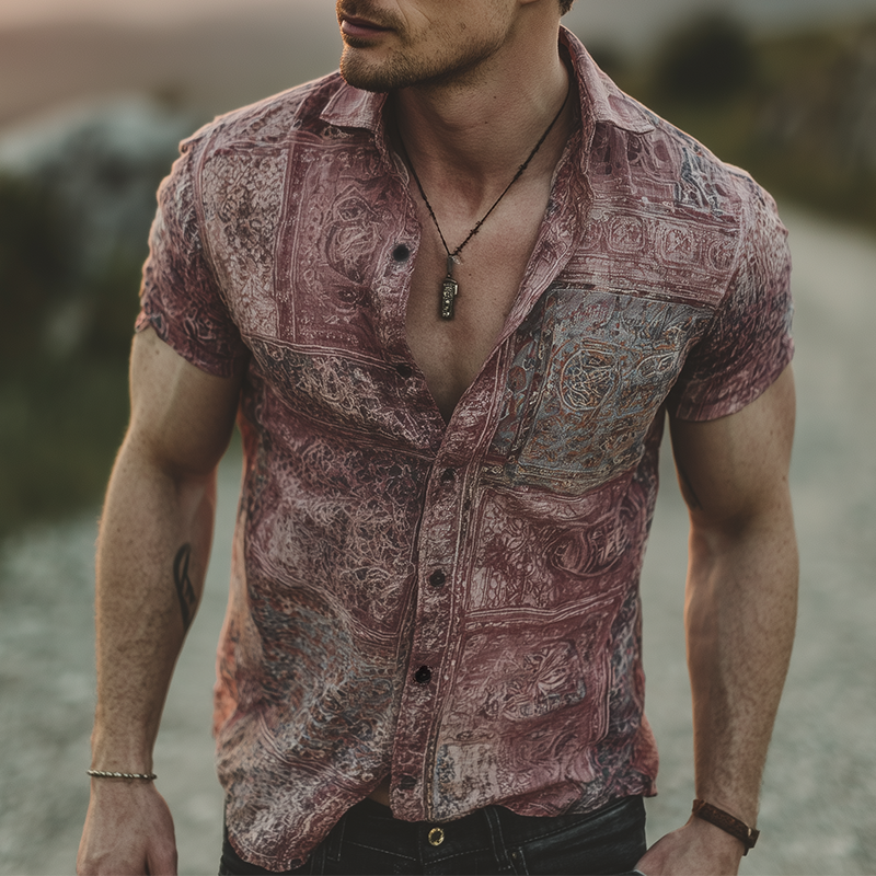 Men's Retro Casual Gradient Print Lapel Short Sleeve Shirt MTA1861G0TO