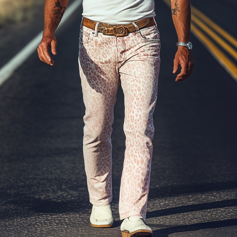 Men's Spring And Summer Fashion Retro Western Cowboy Style Washed Denim Pink Leopard Print Casual Pants MTA1363E7K