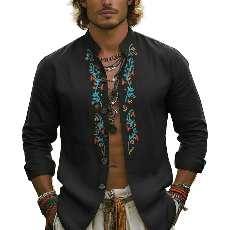 Men's Spring Fashion Embroidered Cotton And Linen Long-sleeved Shirt MTZ0740A8P
