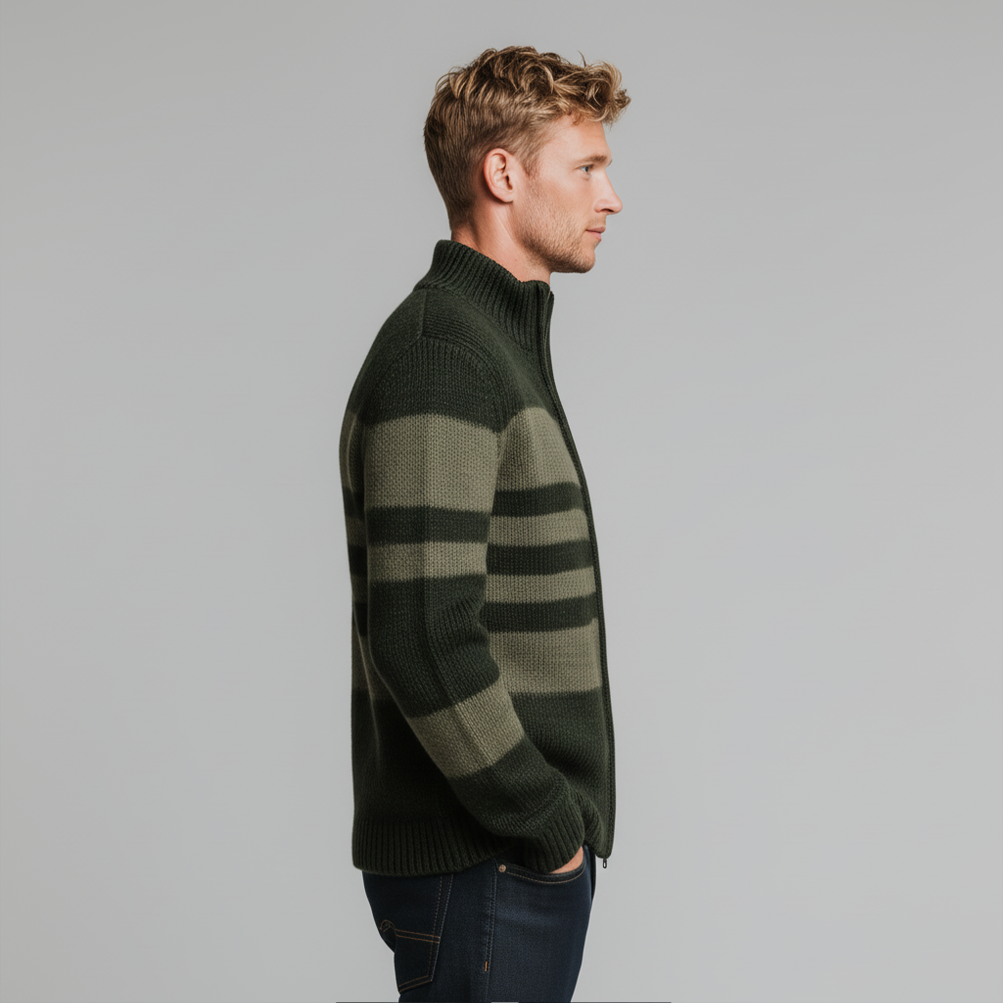 Men's Classic Retro Striped Stand Collar Zipper Knitted Cardigan MTA2351I2K