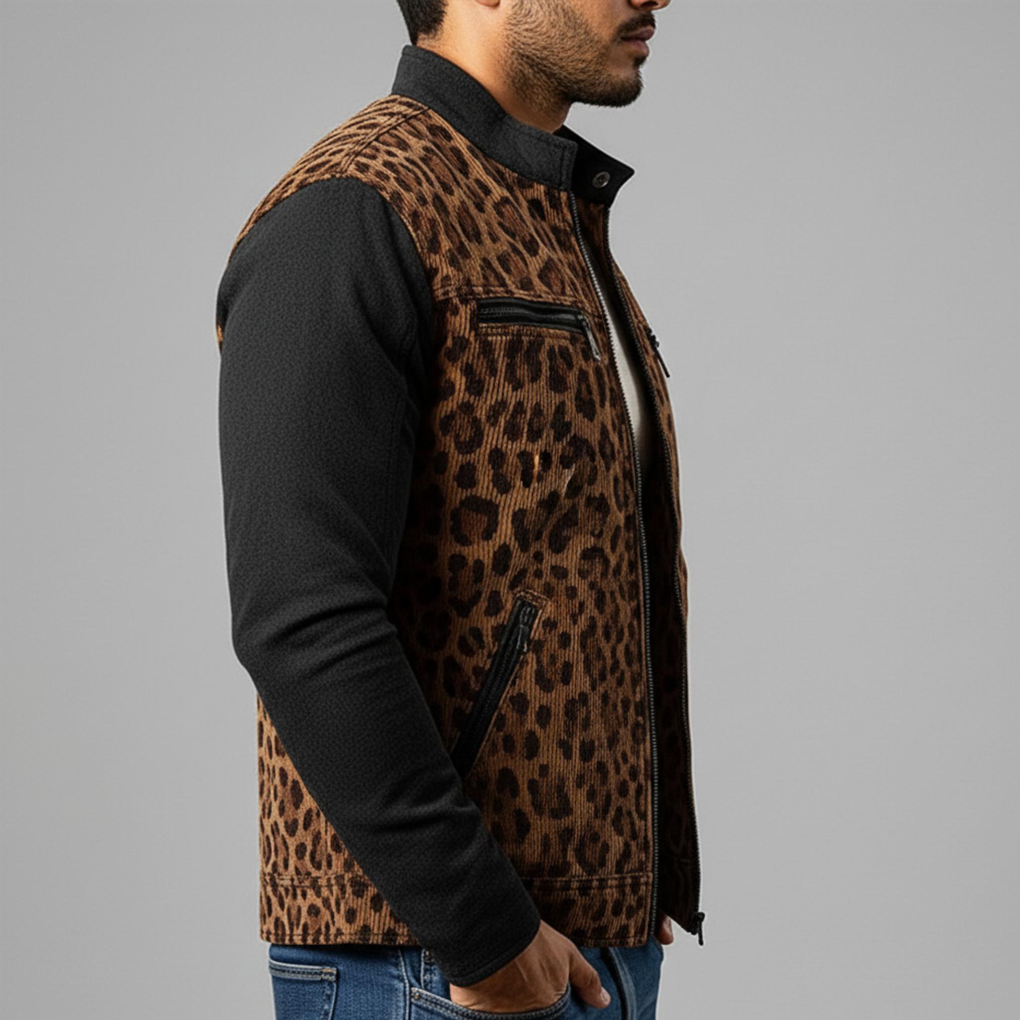 Men's Classic Retro Stand Collar Leopard Print Corduroy Patchwork Faux Suede Zipper Jacket MTA2545J7K