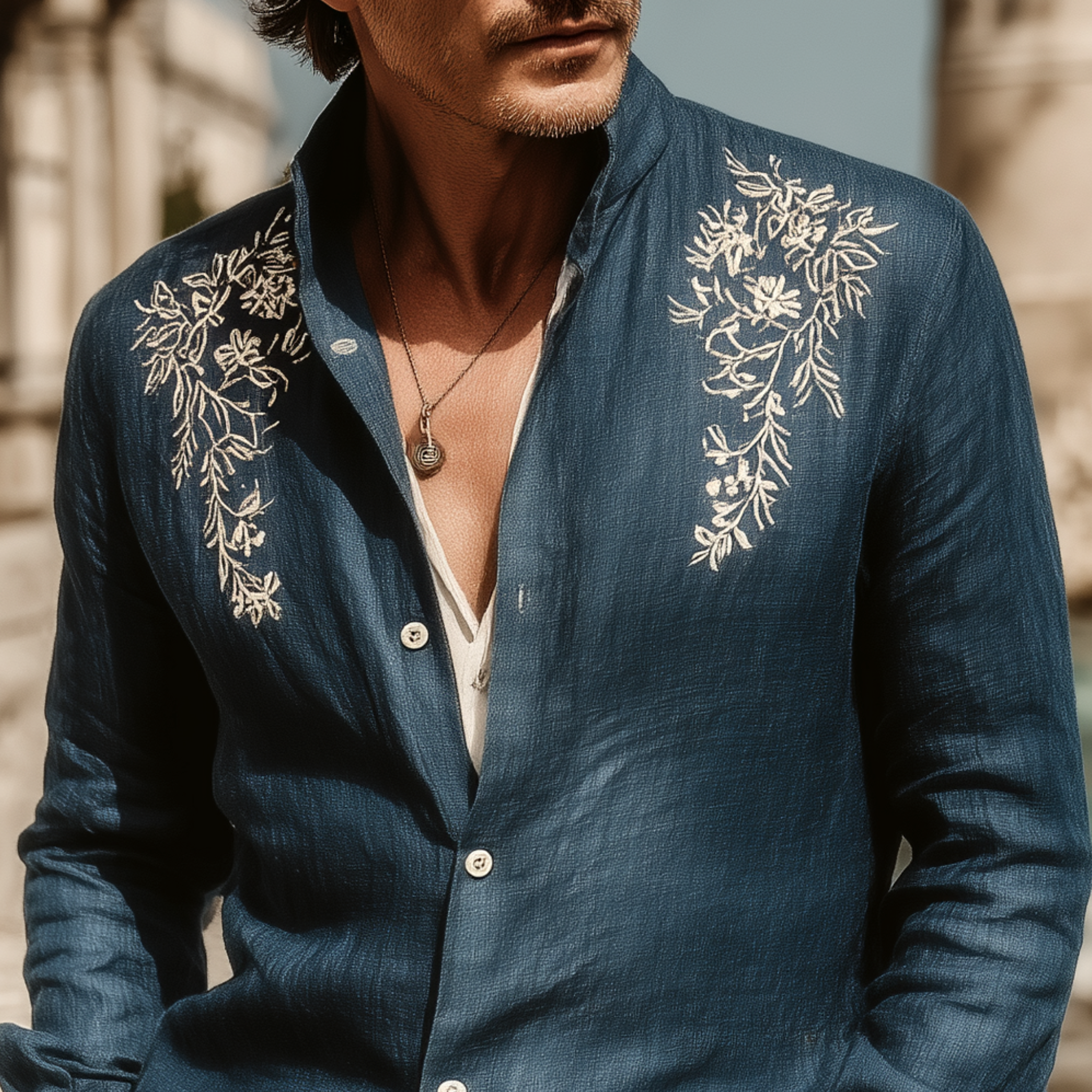 Men's Classic Casual Tencel Cotton And Linen Embroidered Stand Collar Long Sleeve Shirt MTA1869G1K