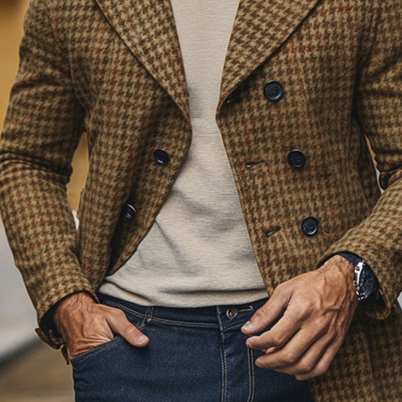 Men's Houndstooth Blend Lapel Double-Breasted Blazer MTA1581J2X