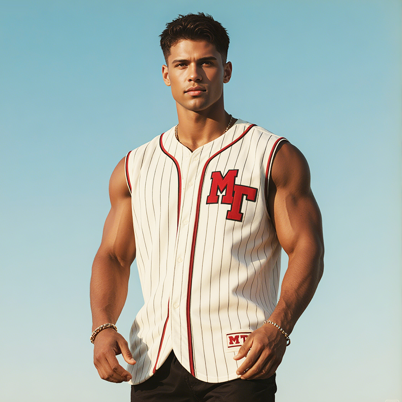 Men's Retro Casual MT Patch Striped Sleeveless Baseball Shirt MTA1931F4TO