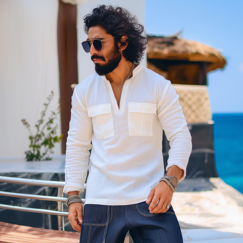 Men's Casual Cotton Solid Color V-Neck Chest Pocket Pullover Slim Fit Long Sleeve Shirt MTA1421G0M