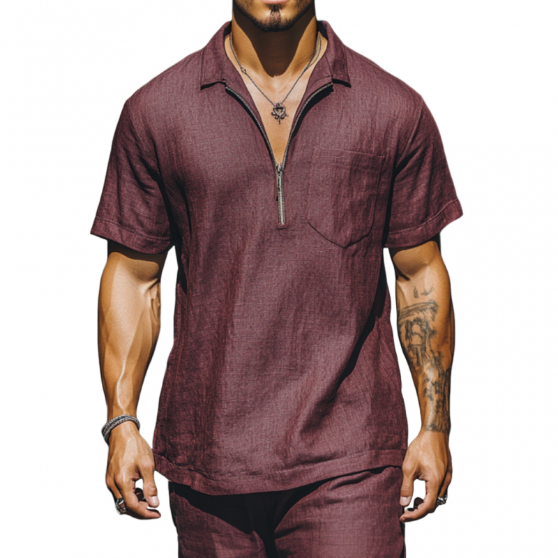Men's Casual Breathable Linen Zipper Lapel Patch Pocket Loose Short Sleeve Polo Shirt MTA2375E4M
