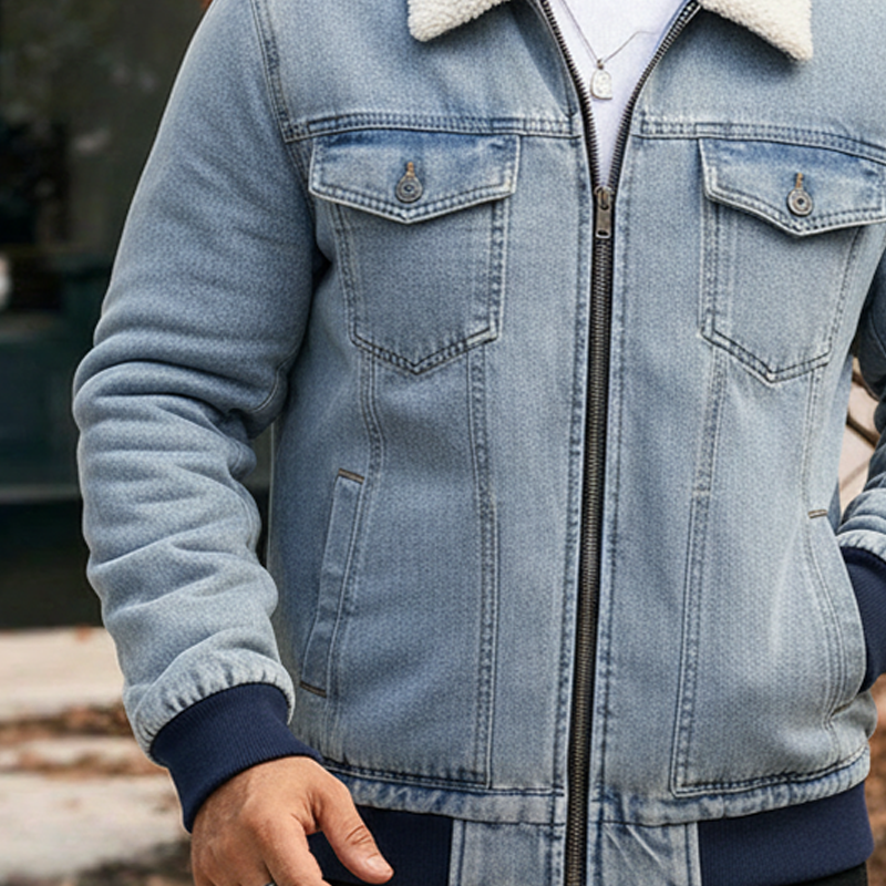 Men's Retro Washed Fleece Collar Zipper Denim Jacket MTA2819J2X