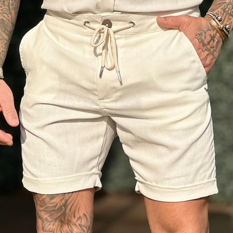 Men'S Solid Cotton And Linen Drawstring Waist Casual Shorts MTA0888E0Z