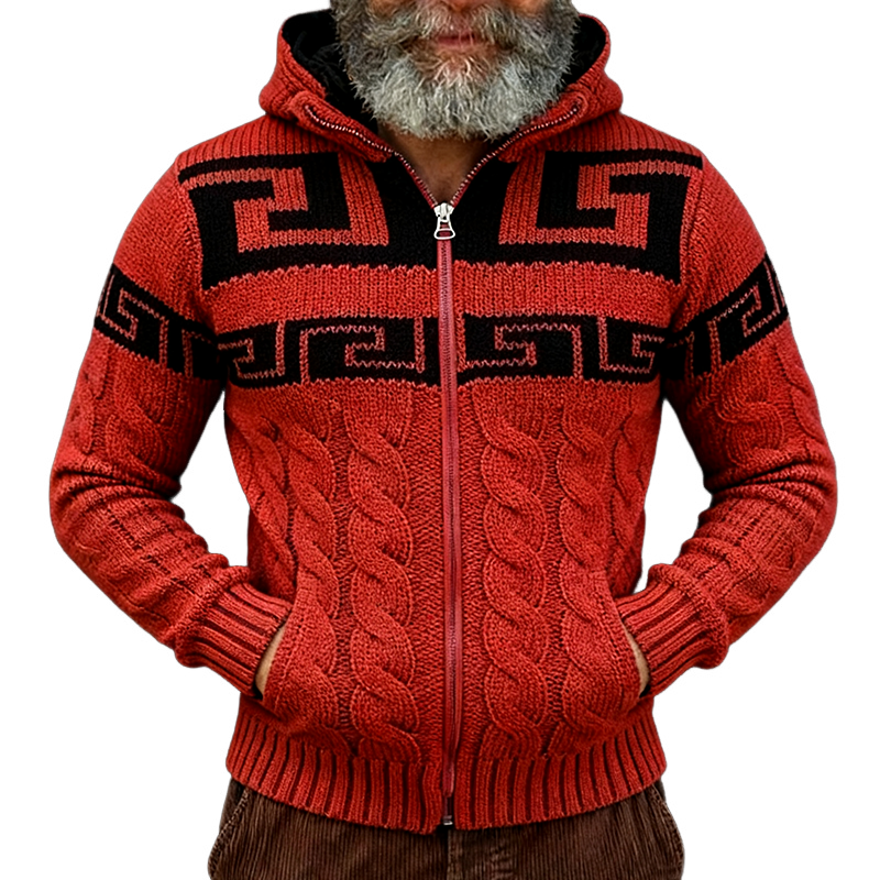 Men's Vintage Casual Greek Key Knit Colorblock Zip Hooded Cardigan Jacket MTA1602J4TO