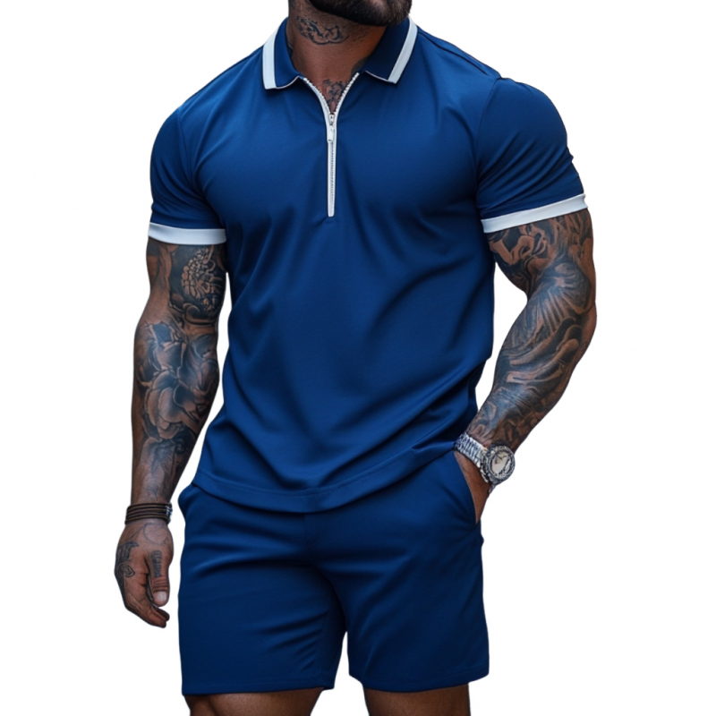 Men's Casual Cotton Blended Colorblock Zipper Lapel Short Sleeve Polo Shirt Elastic Waist Shorts Set MTA2606E7M