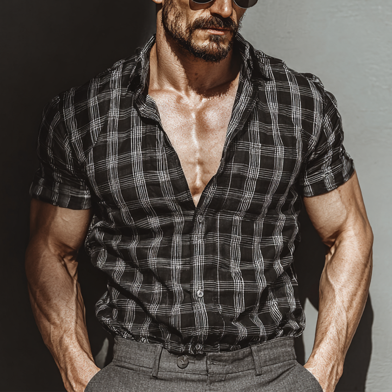 Men's Check Print Lapel Short Sleeve Shirt MTA0490G2X