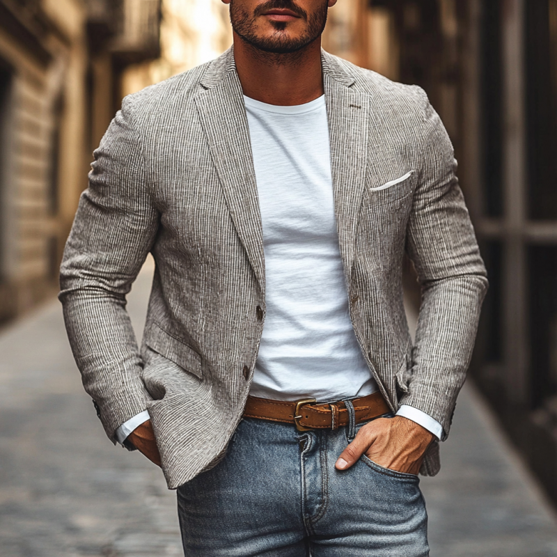 Men's Casual Breathable Linen Pinstripe Notched Lapel Single Breasted Slim Fit Blazer MTA2842D8M