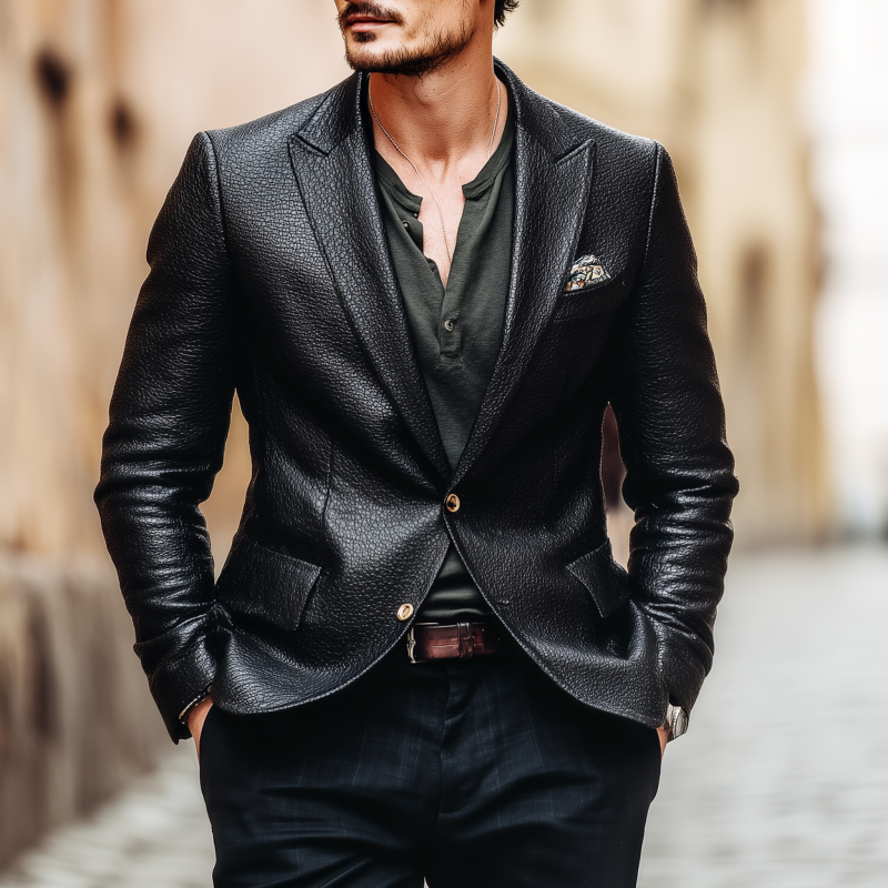 Men's Vintage Litchi Texture PU Peak Lapel Single-Breasted Slim-Fit Blazer MTA1928H7M