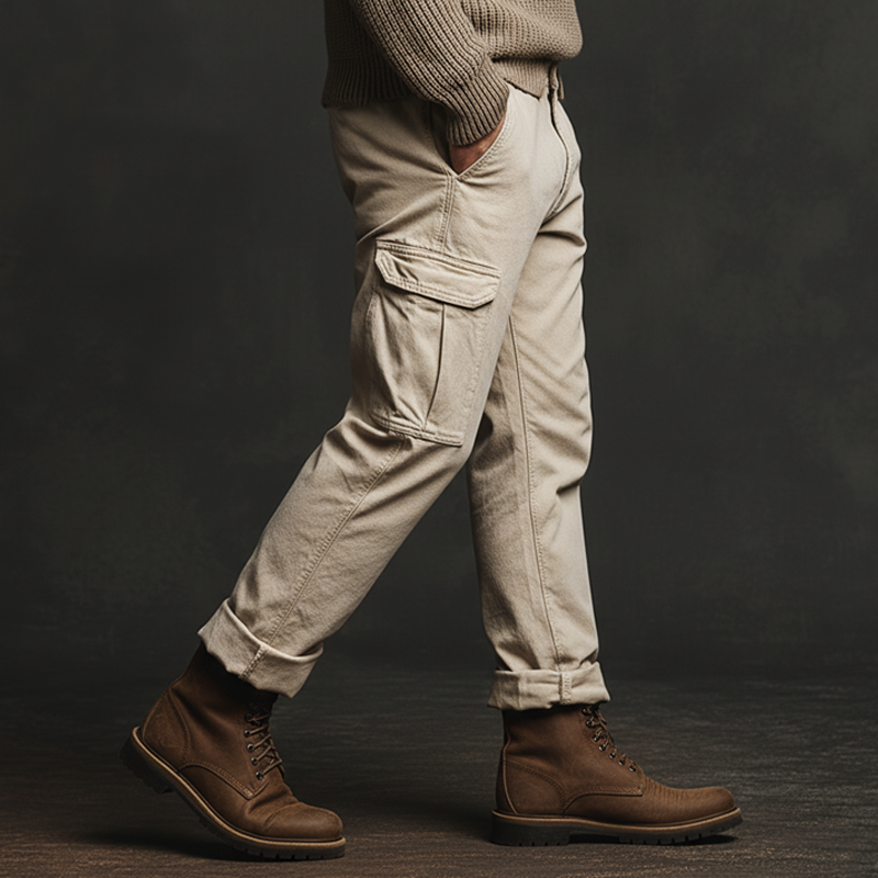 Men's Classic Beige Cotton Blend Straight Leg Cargo Pants MTA3068J4U